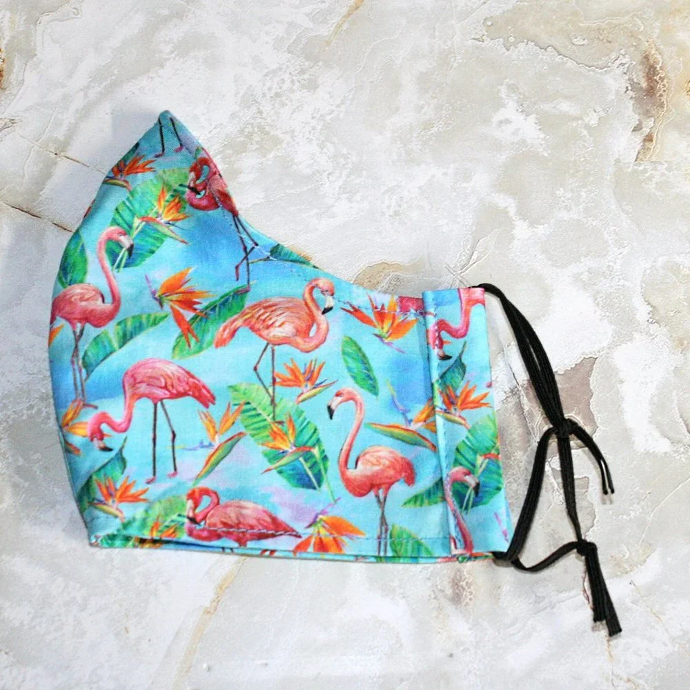 HAND CRAFTED Face Mask Blue Flamingos Adult Cloth Fabric Print - Shield Style